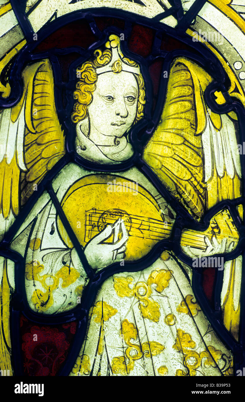 Angel playing cittern lute plectrum musical instrument music musician St Peter Hungate church museum Norwich 1450 Medieval Stock Photo