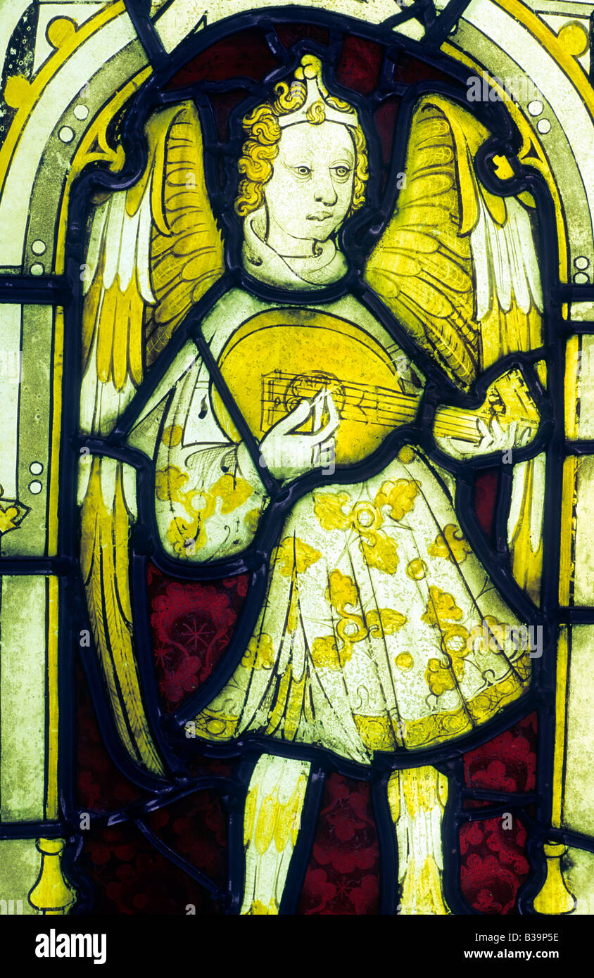 Angel playing cittern lute plectrum musical instrument music musician St Peter Hungate church museum Norwich 1450 Medieval Stock Photo