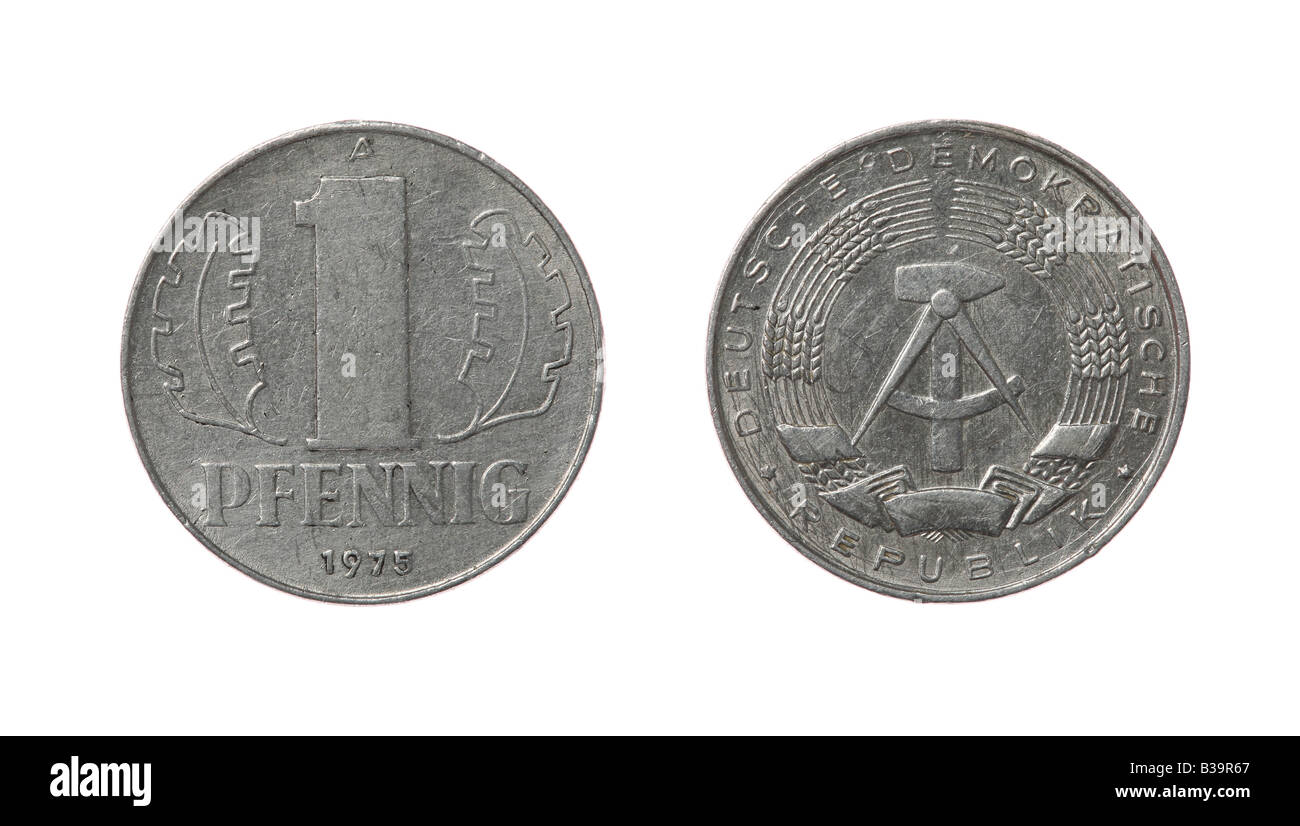 One GDR pfennig coin from 1975 year. Obverse and reverse isolated on white Stock Photo