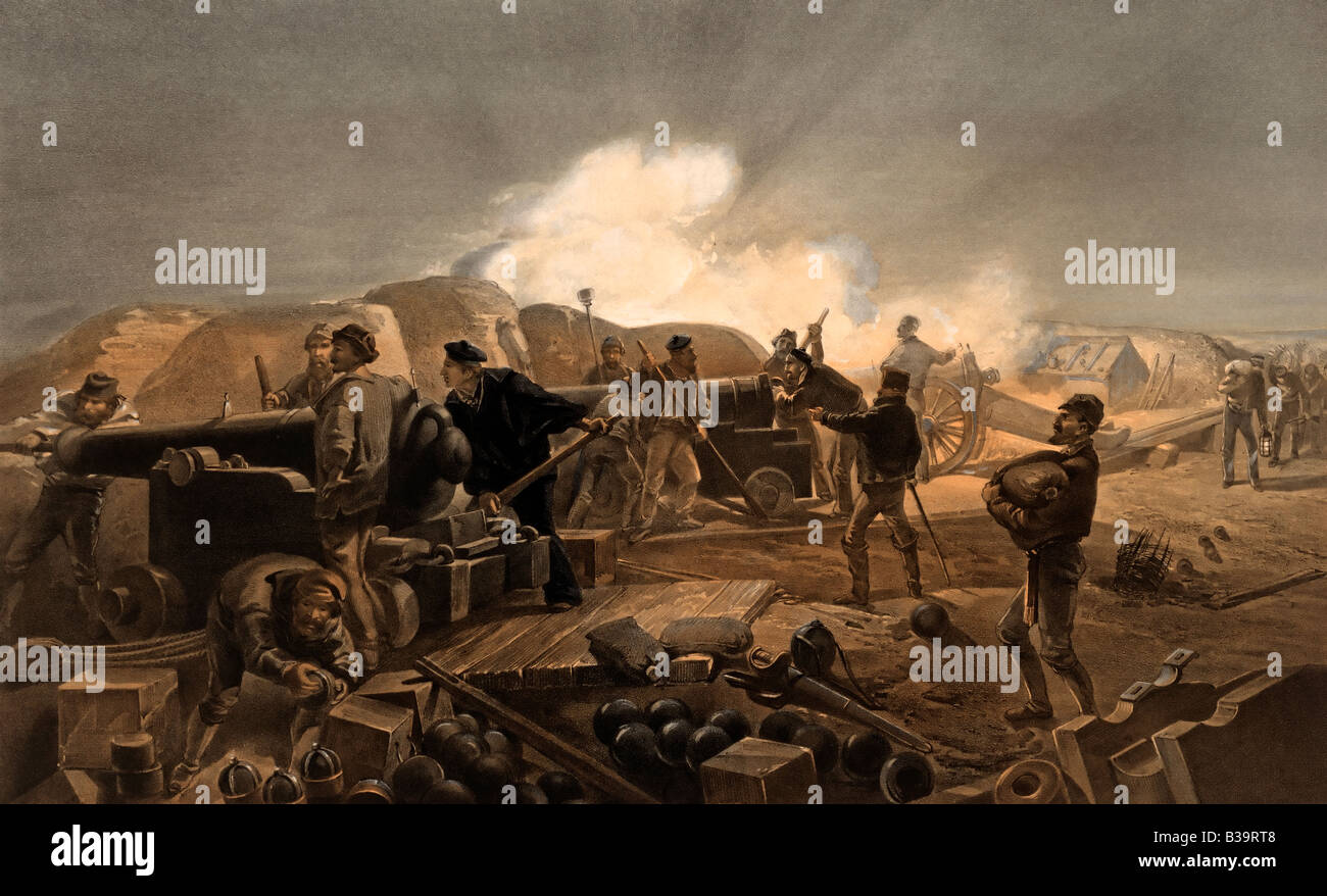 Hot Night in  the batteries - illustration of British Artillery during the Crimean War Stock Photo