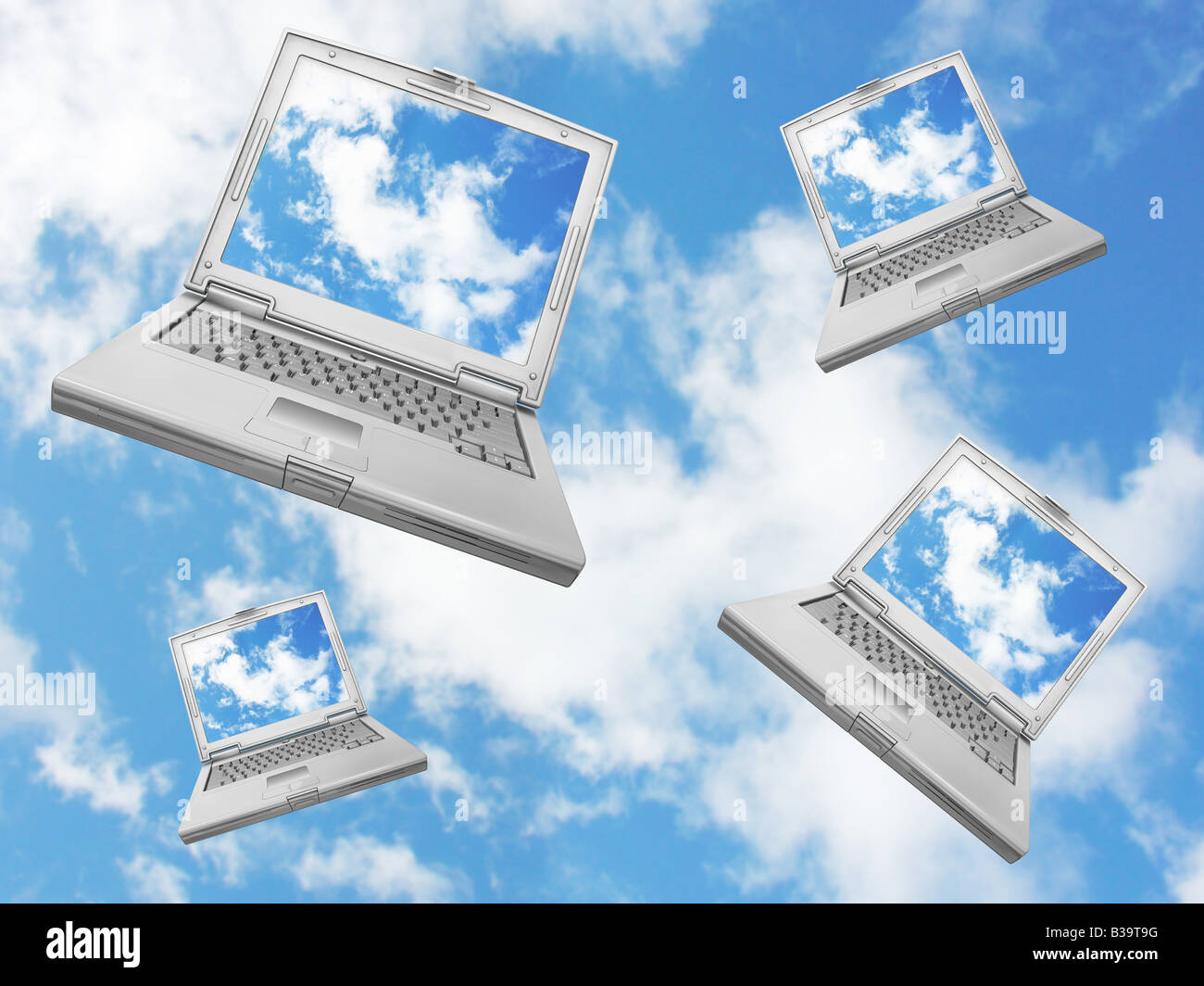 Laptops falling from a blue sky Stock Photo - Alamy