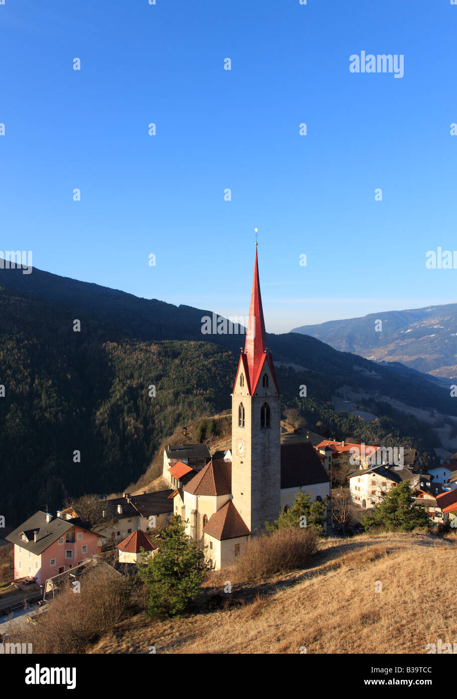 Village church of Teis Val di Funes, Dolomites, Italy Stock Photo