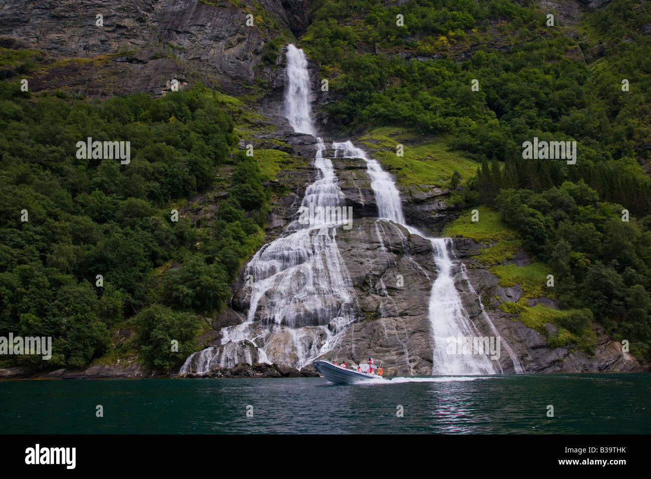 Popular Bridal Veil falls, Geiranger Fjord Norway, local small power