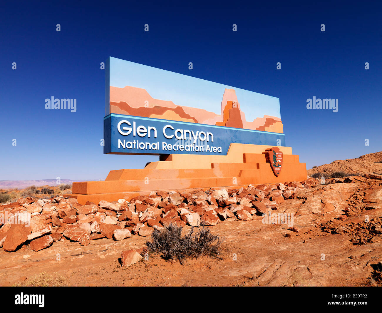 Landscape of Glen Canyon National Recreation entrance sign in Arizona United States Stock Photo