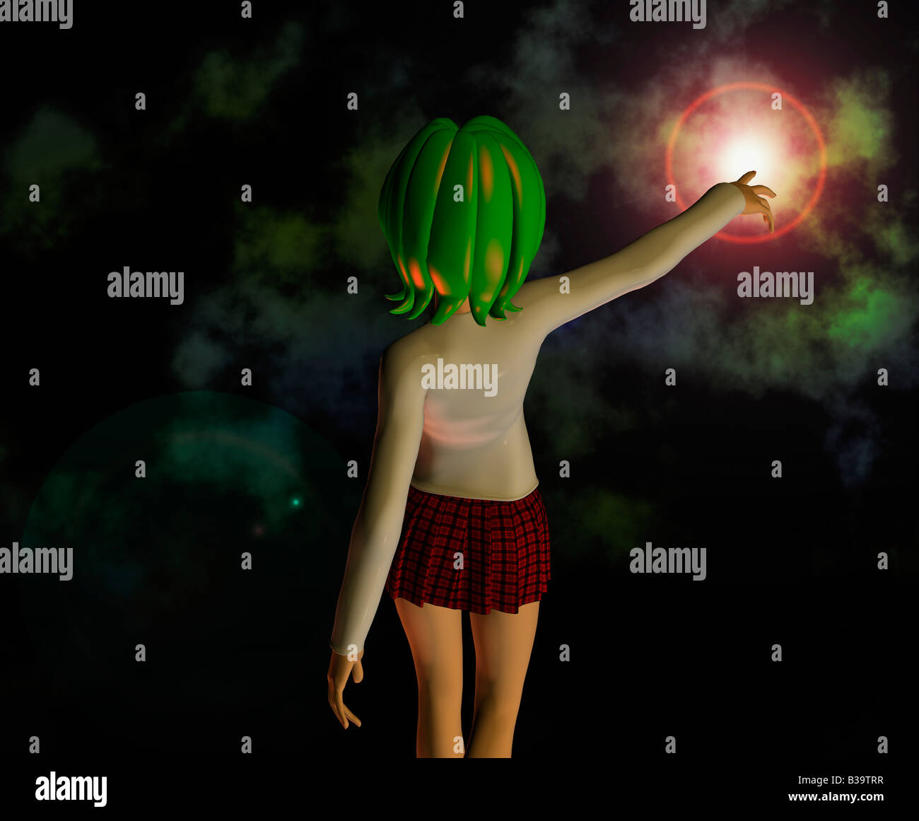 Cartoon Image Of A Young Girl Pointing To The Moon Stock Photo