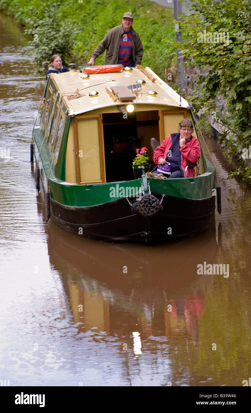 Canalboat about to enter the Ashford Tunnel on the Monmouthshire nad Brecon Canal near Crickhowell Powys Wales UK Stock Photo