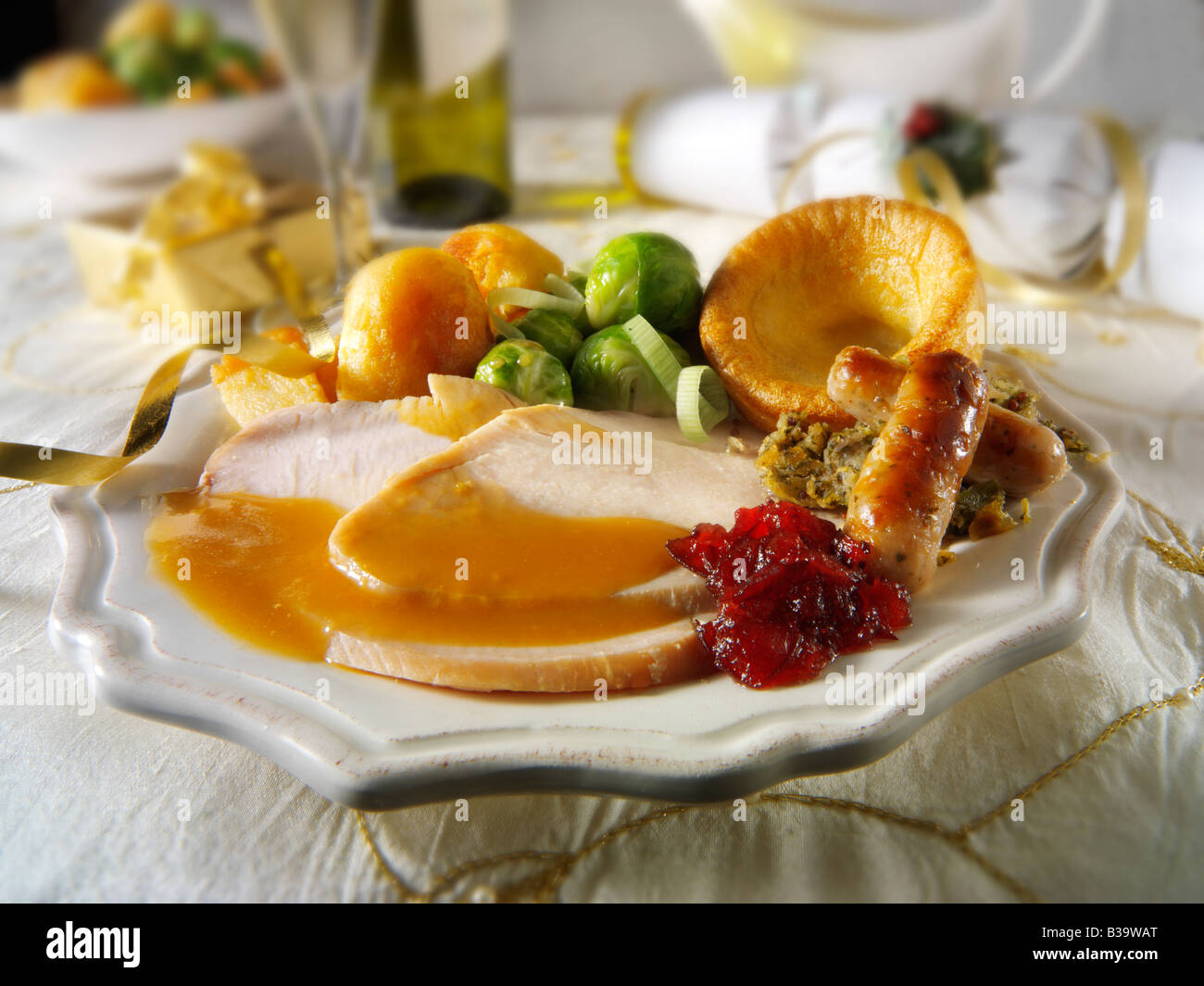 Traditional roast turkey Christmas dinner with all the trimmings and