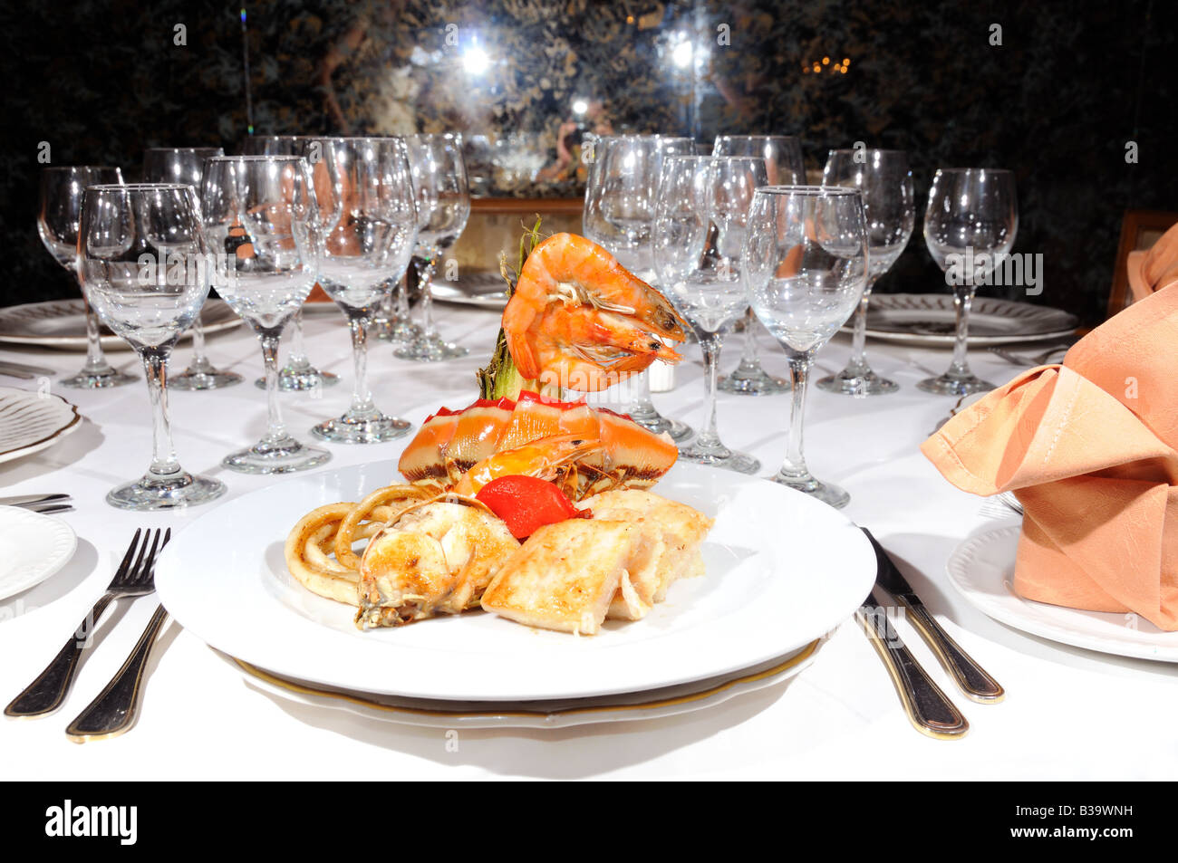 Delicious dish of seafood with prawns and lobster in luxurious cuban restaurant Stock Photo