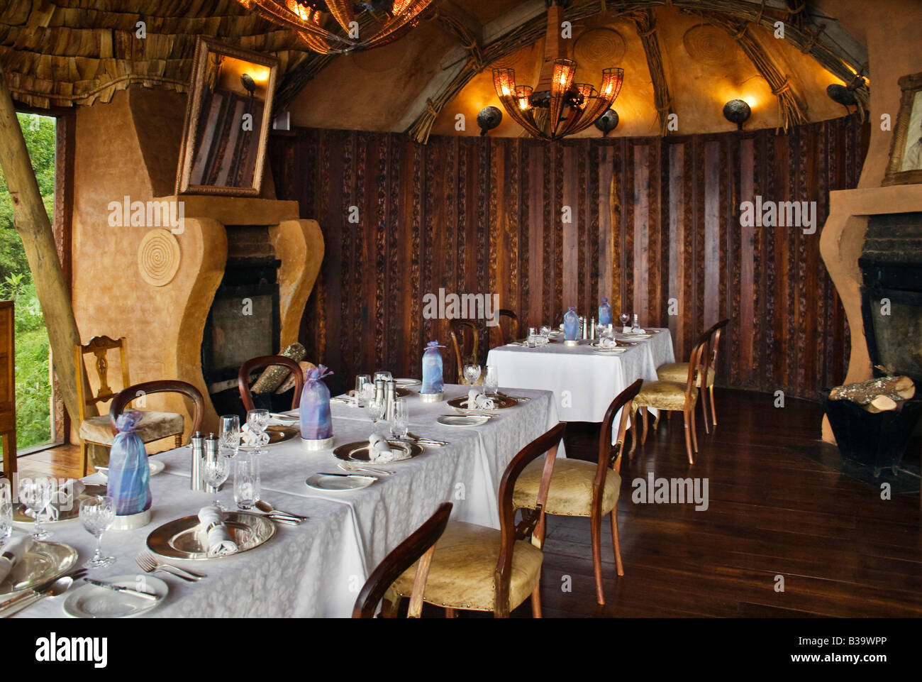The dining room of the five star NGORONGORO CRATER LODGE NGORONGORO CRATER TANZANIA Stock Photo