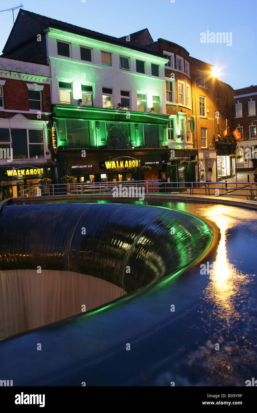 City of Derby, England. Evening view of the Walkabout public house with the water fountain in the foreground. Stock Photo