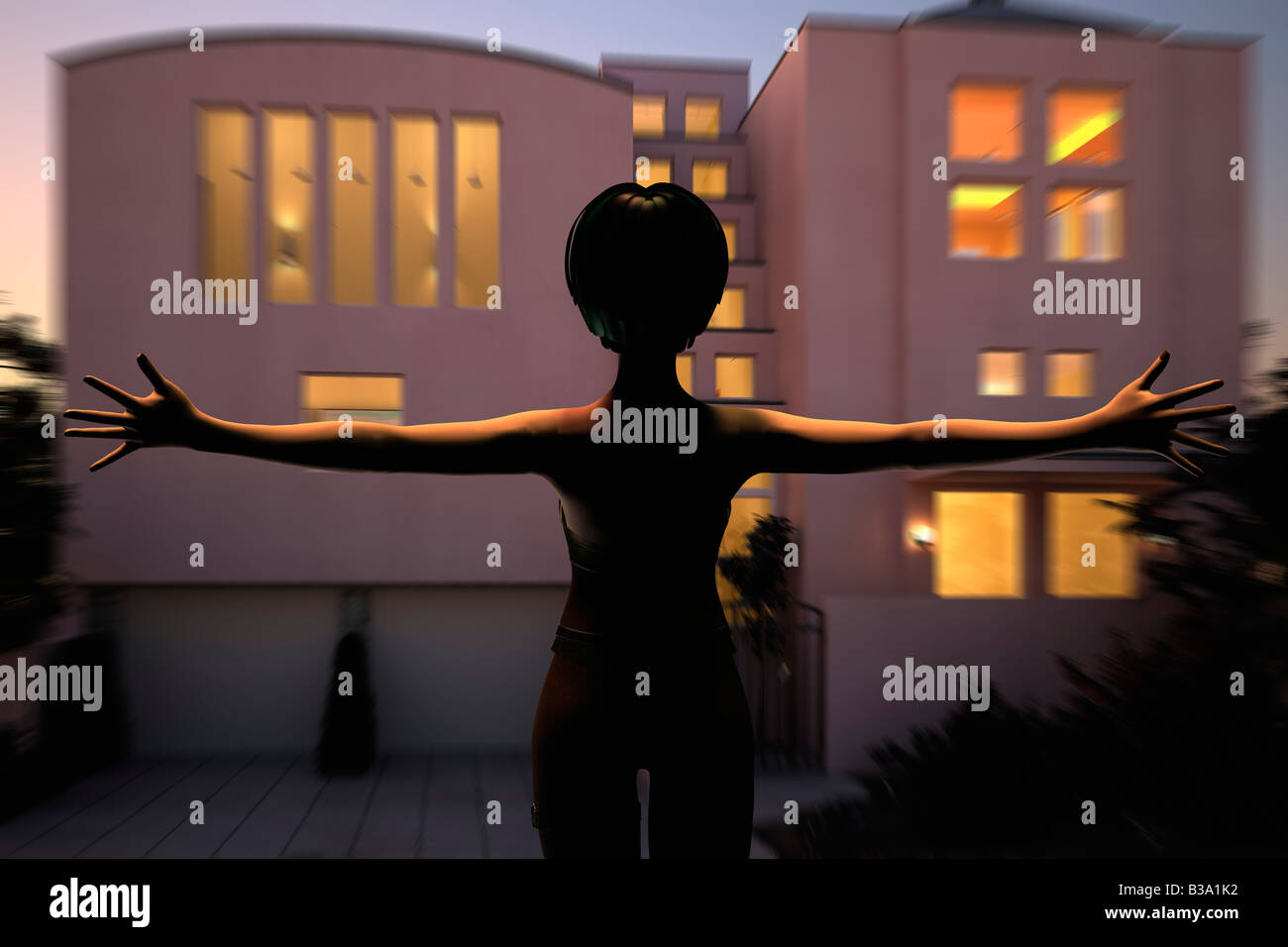 Computer Illustration Of A Young Woman With OutStrectched Arms Returning Home To Her House Stock Photo