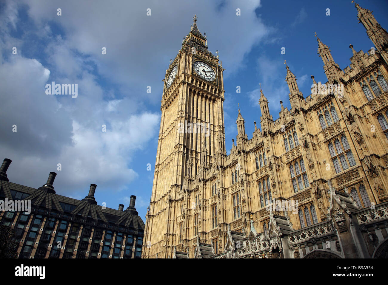 Big Ben and Houses of Parliament from inside perimeter fence, London, UK Stock Photo