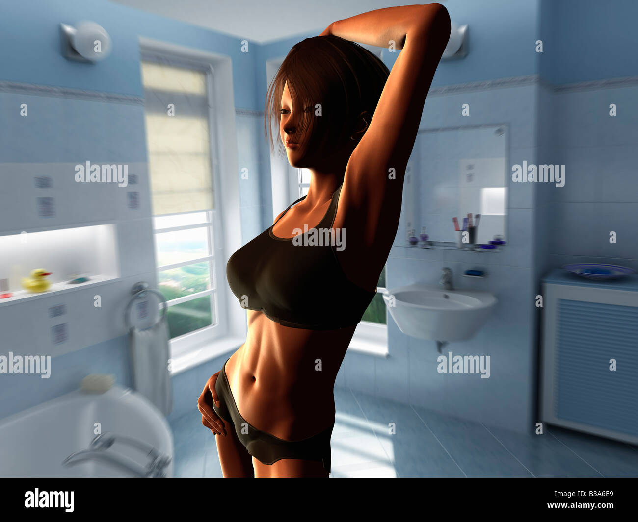 Computer Illustration Of A Young Woman In Bathroom Stock Photo
