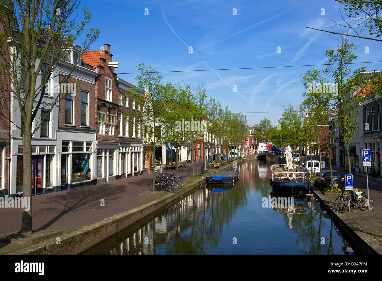Typical view on small canal houses, Delft, Netherlands Stock Photo