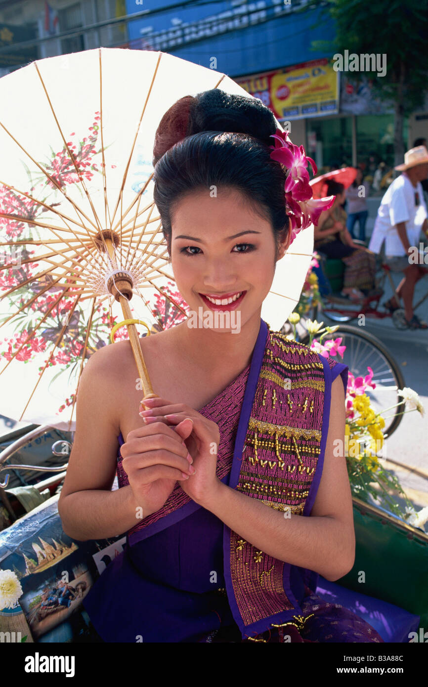 Thailand Chiang Mai Girl In Traditional Thai Costume At The Chiang Mai Flower Festival Stock 