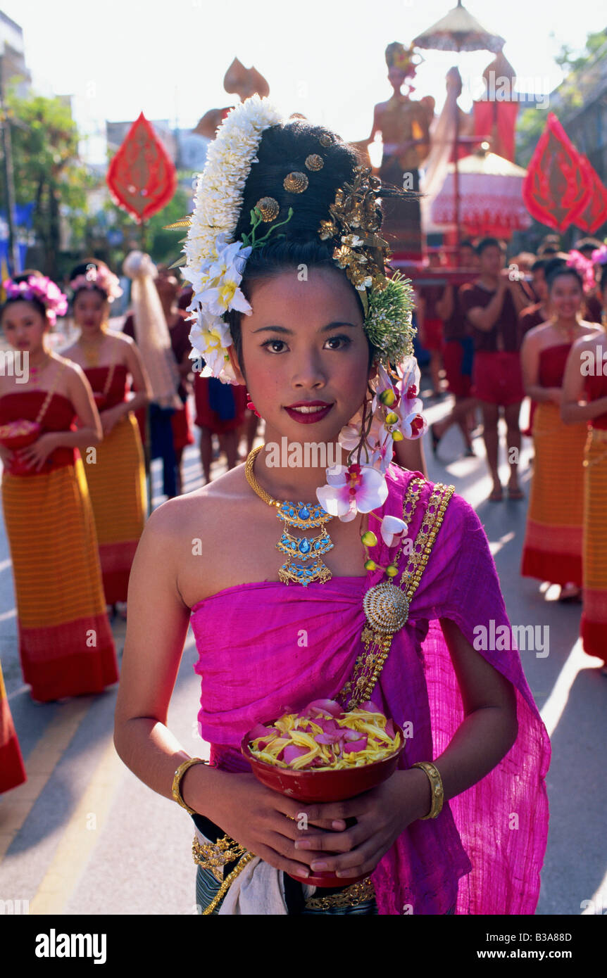 Thailand Chiang Mai Girl In Traditional Thai Costume At The Chiang Mai Flower Festival Stock 