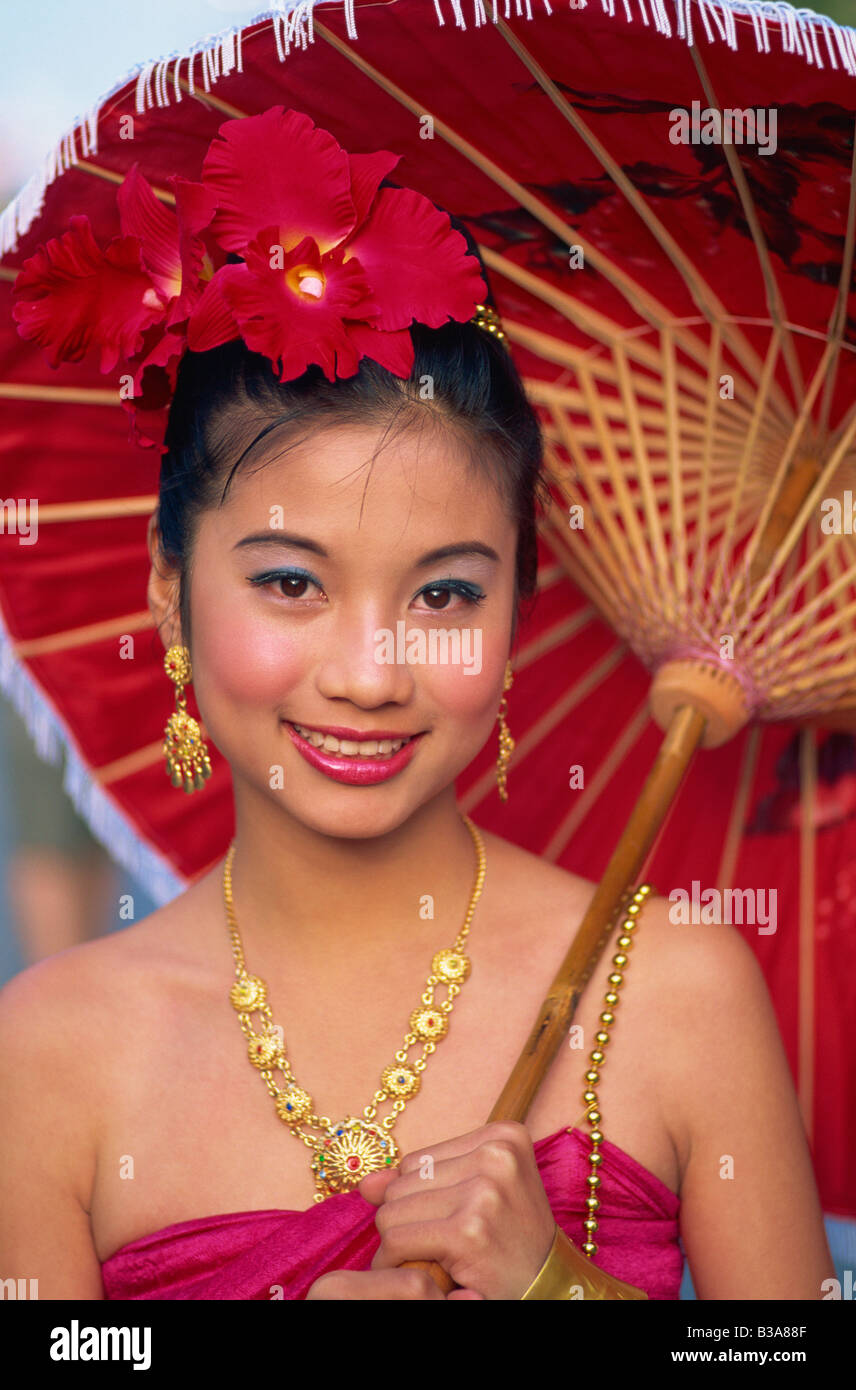 Thailand Chiang Mai Girl In Traditional Thai Costume At The Chiang Mai Flower Festival Stock