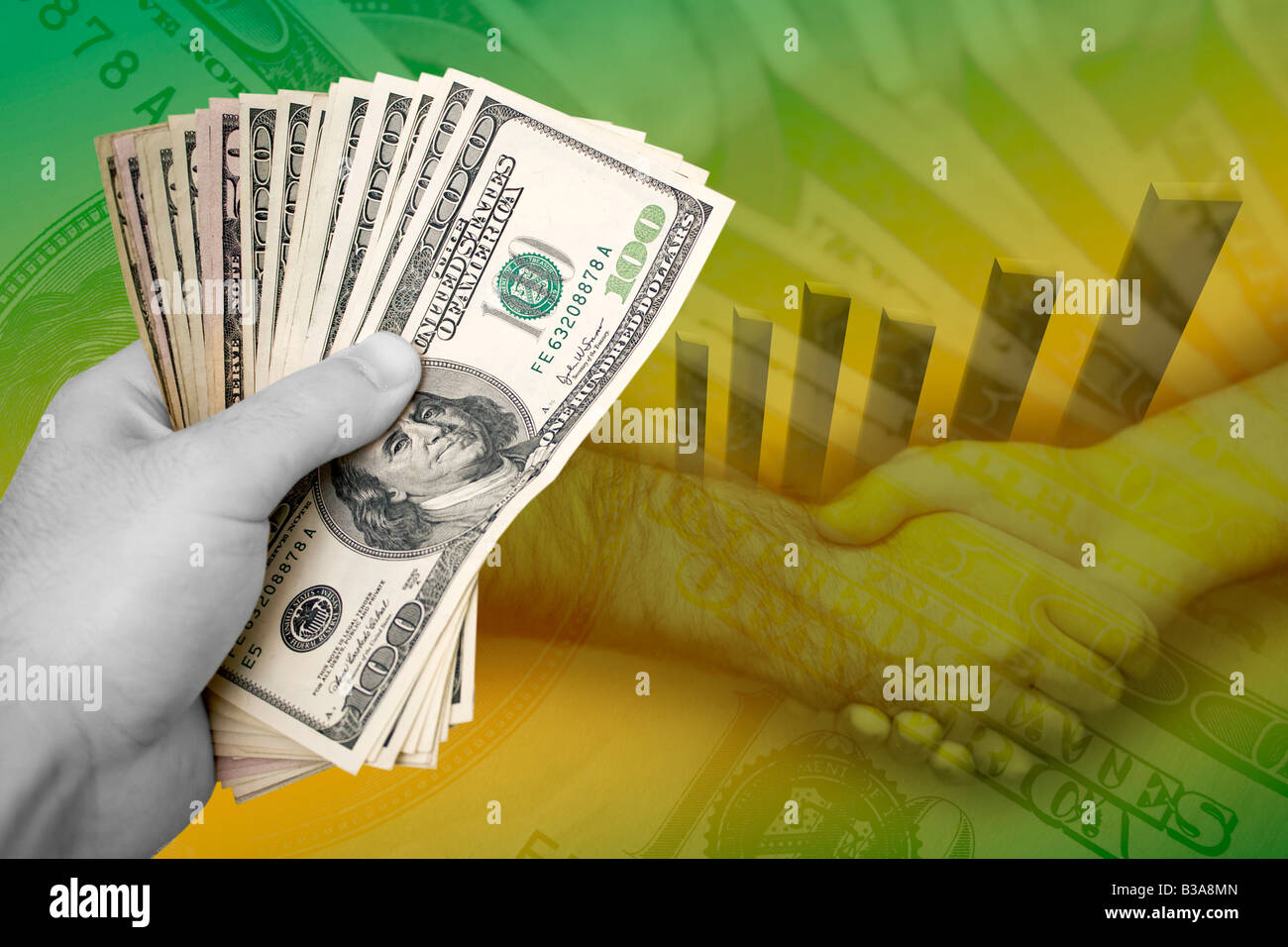 Handful of cash profit chart and a firm handshake A great image to denote profits or successful business dealings Stock Photo