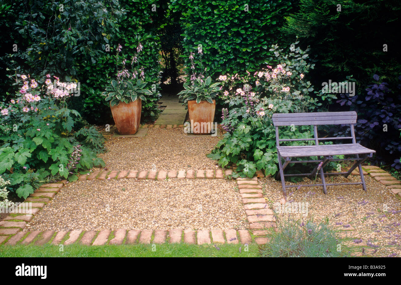 Terracotta Planters With Hosta Brick Gravel Path Blue Painted
