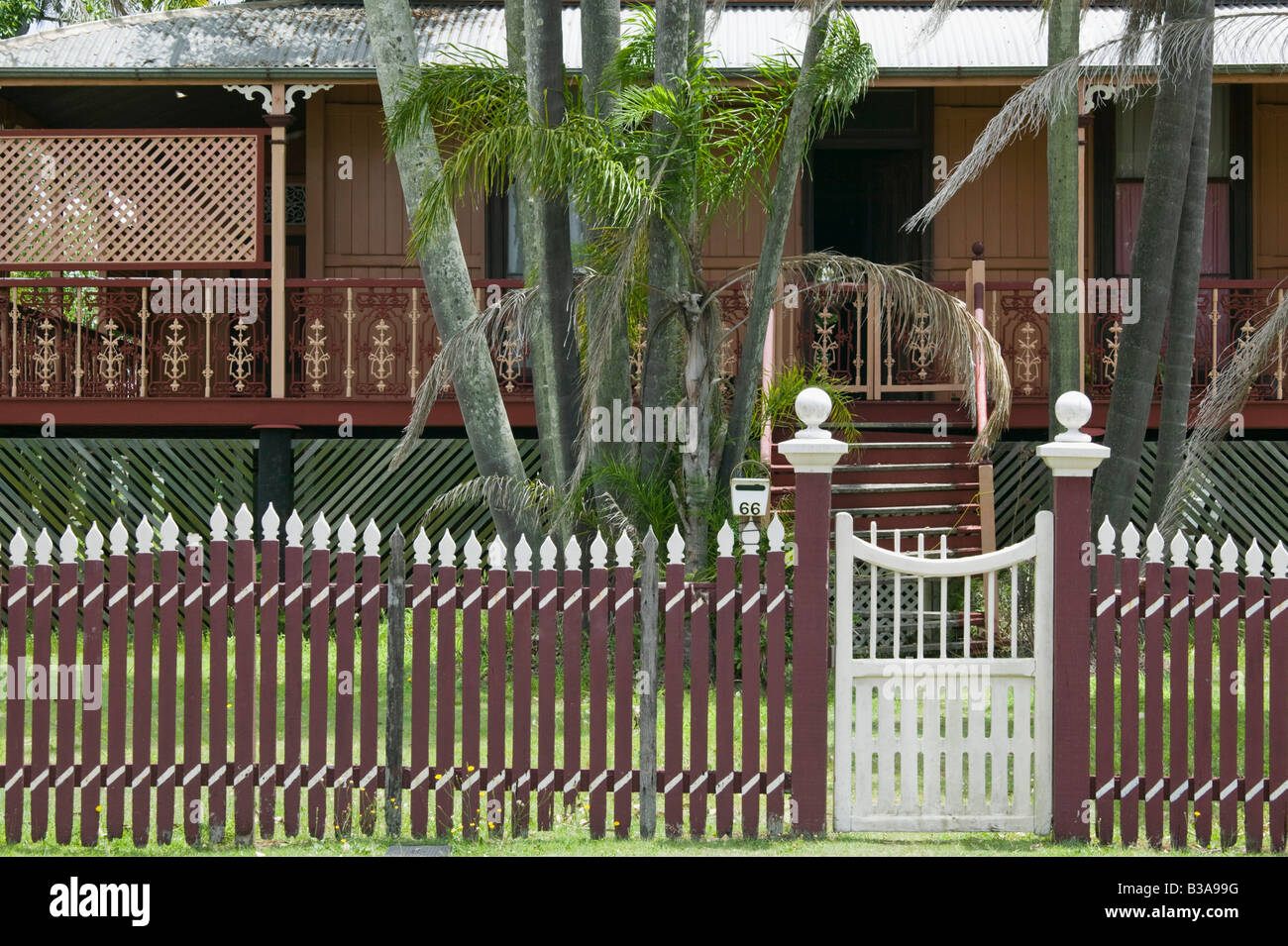 Australia, Queensland, Fraser Coast, Maryborough, Gate outside a 'Timber Queenslander' house Stock Photo