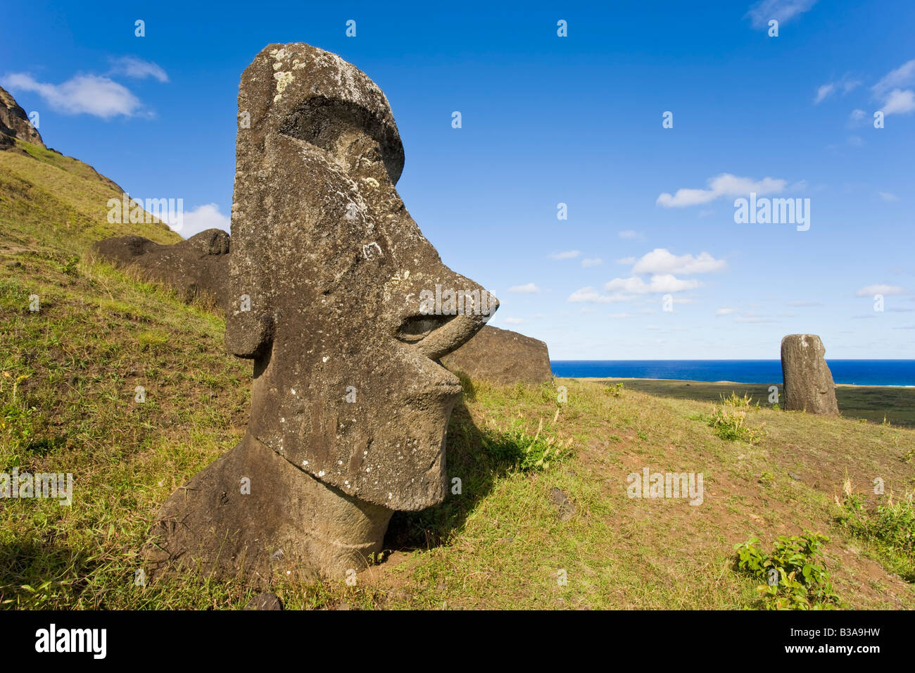 Chile, Rapa Nui, Easter Island, giant monolithic stone Maoi statues at
