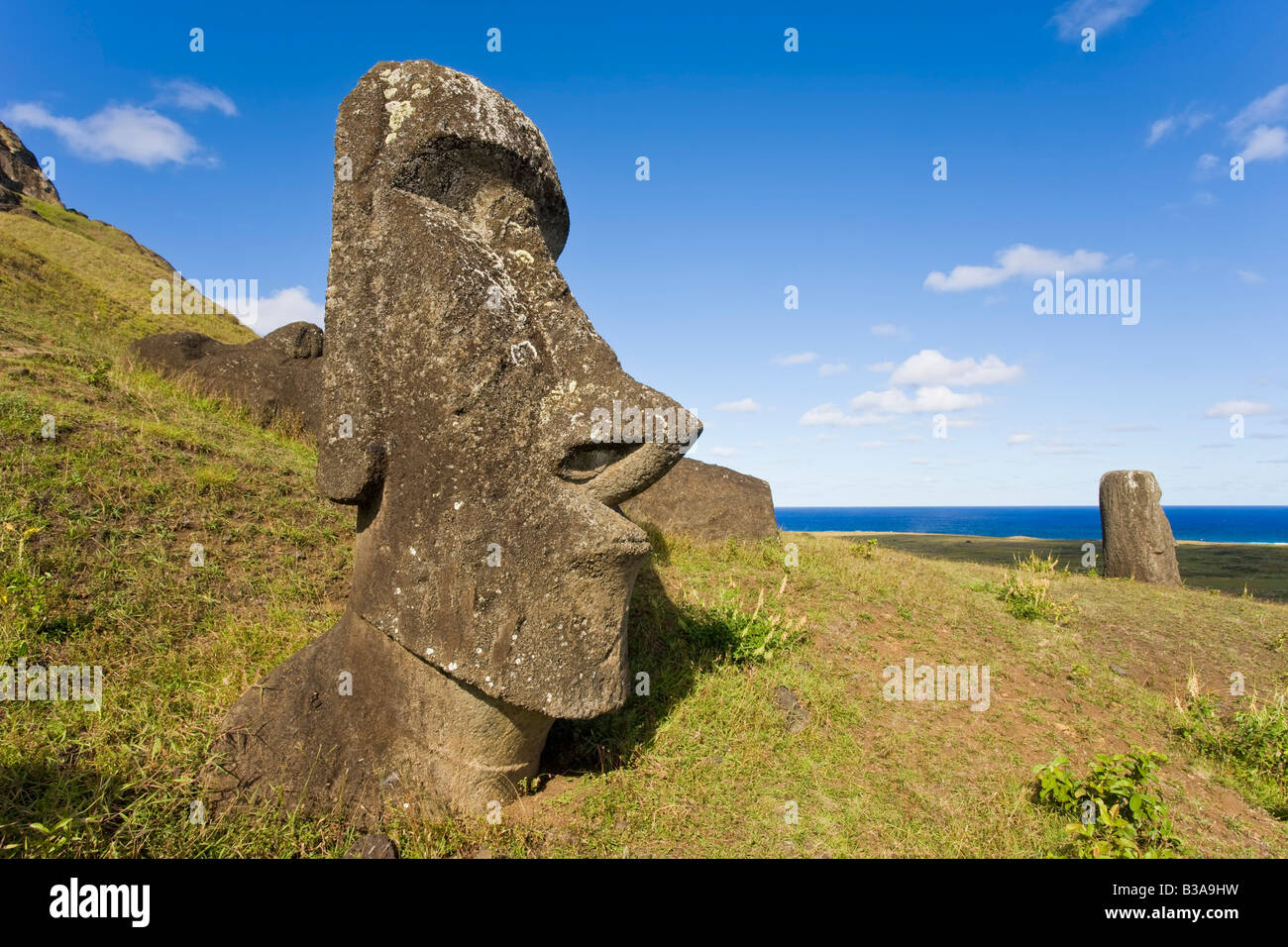 Chile, Rapa Nui, Easter Island, giant monolithic stone Maoi statues at Rano Raraku Stock Photo