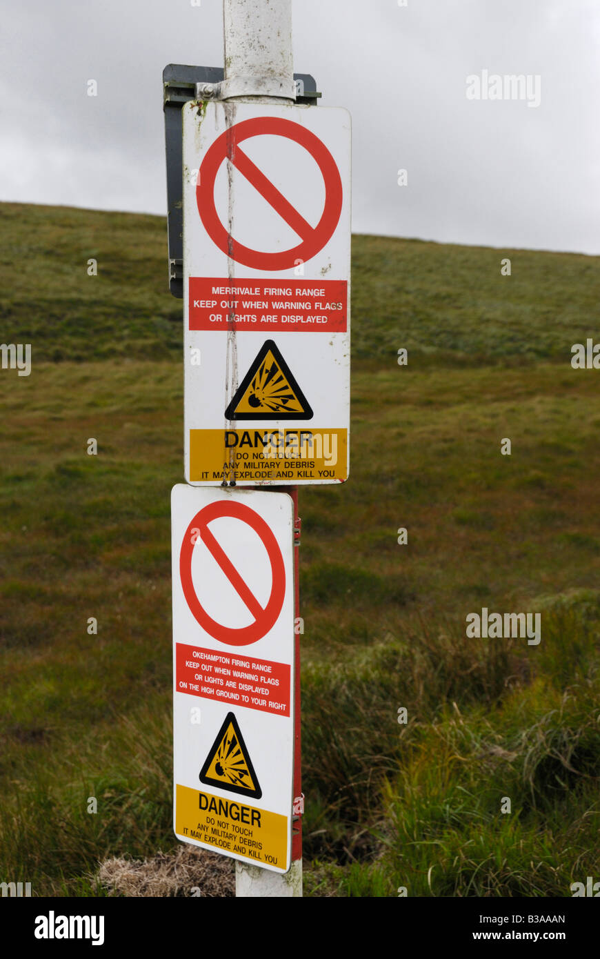 Firing ranges warning sign Cut Hill Dartmoor Devon Stock Photo
