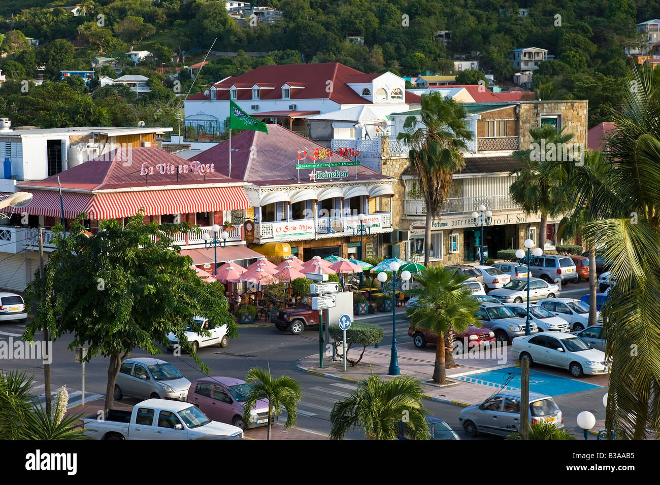 Caribbean, French West Indies, Saint Martin, restaurants and shops in Marigot Stock Photo