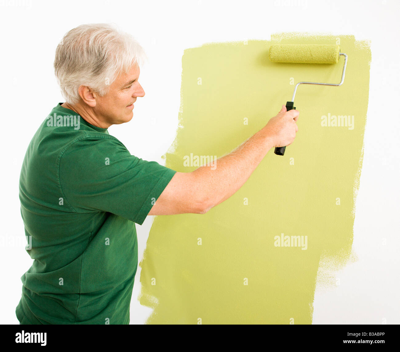 Middle aged man painting wall green with paint roller Stock Photo