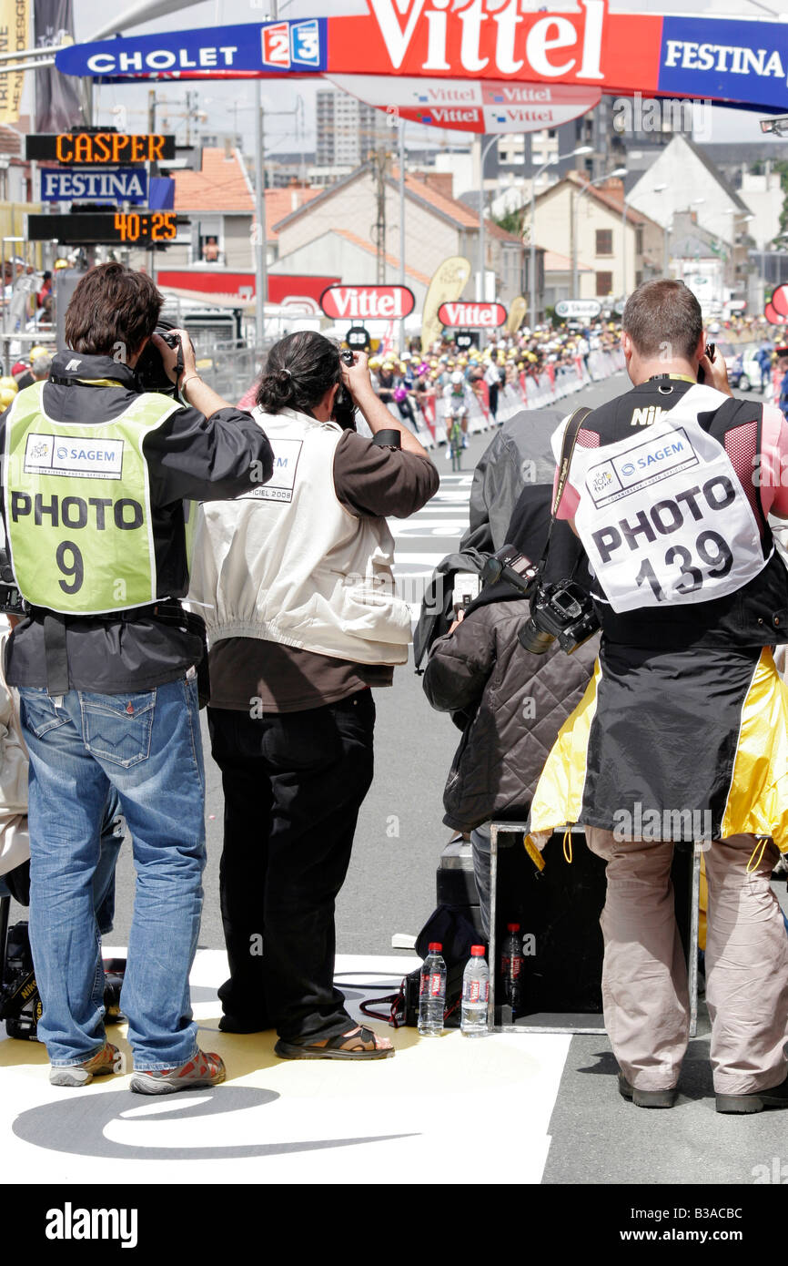Press and Sports Photographers at the finish line of the time trial in Cholet, part of the 2008 Tour De France cycle race Stock Photo