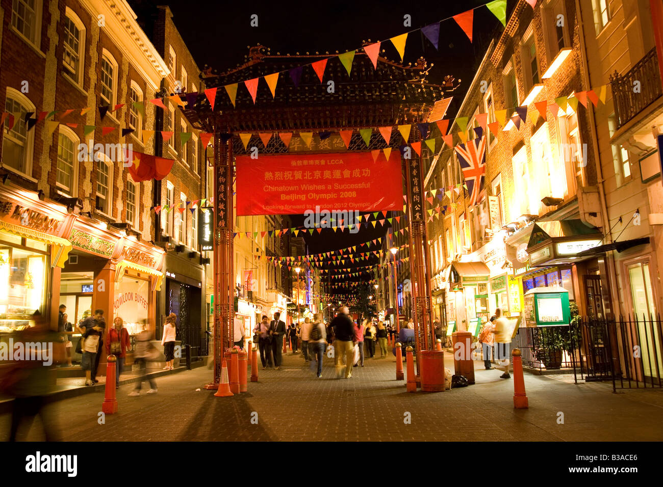 A sign from the Chinese community in Chinatown, London, expresses wishes for a successful Beijing Olympics in 2008. Stock Photo