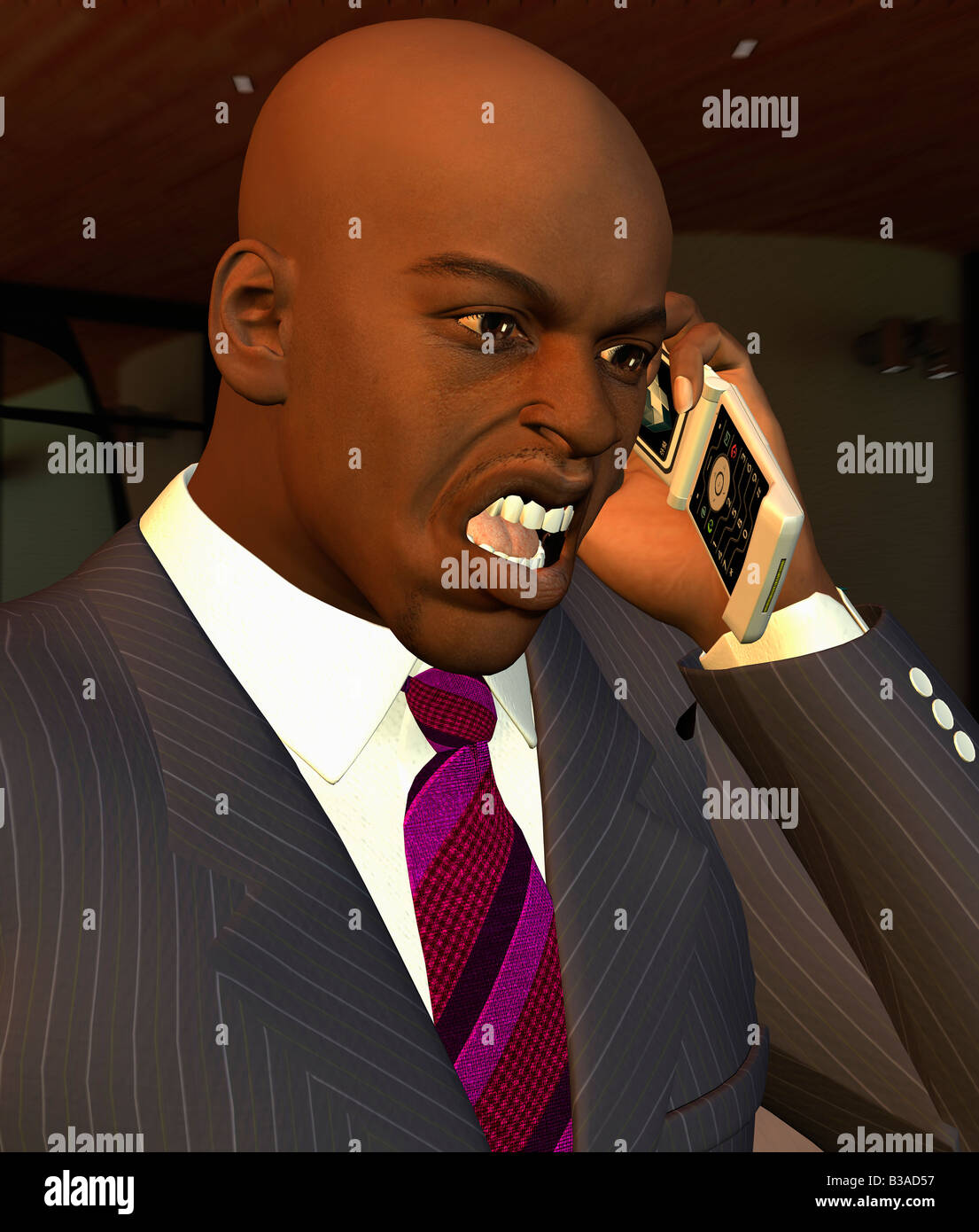 Computer Generated Illustration Of A Businessman Shouting On Mobile Phone Stock Photo