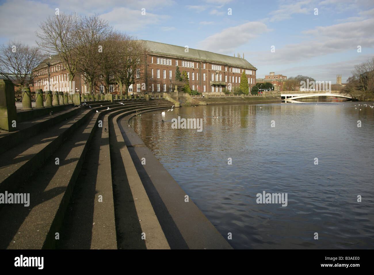 City of Derby, England. Riverside Gardens promenade by the banks of the River Derwent with the Council House in the background. Stock Photo