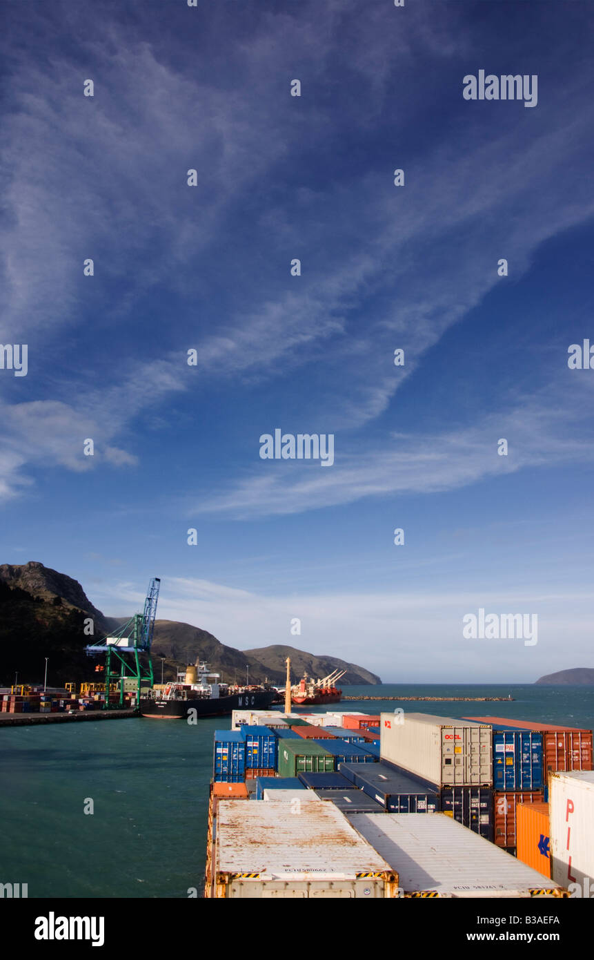 A container ship approaches the dock as seen from it's bridge at Lyttelton, New Zealand Stock Photo