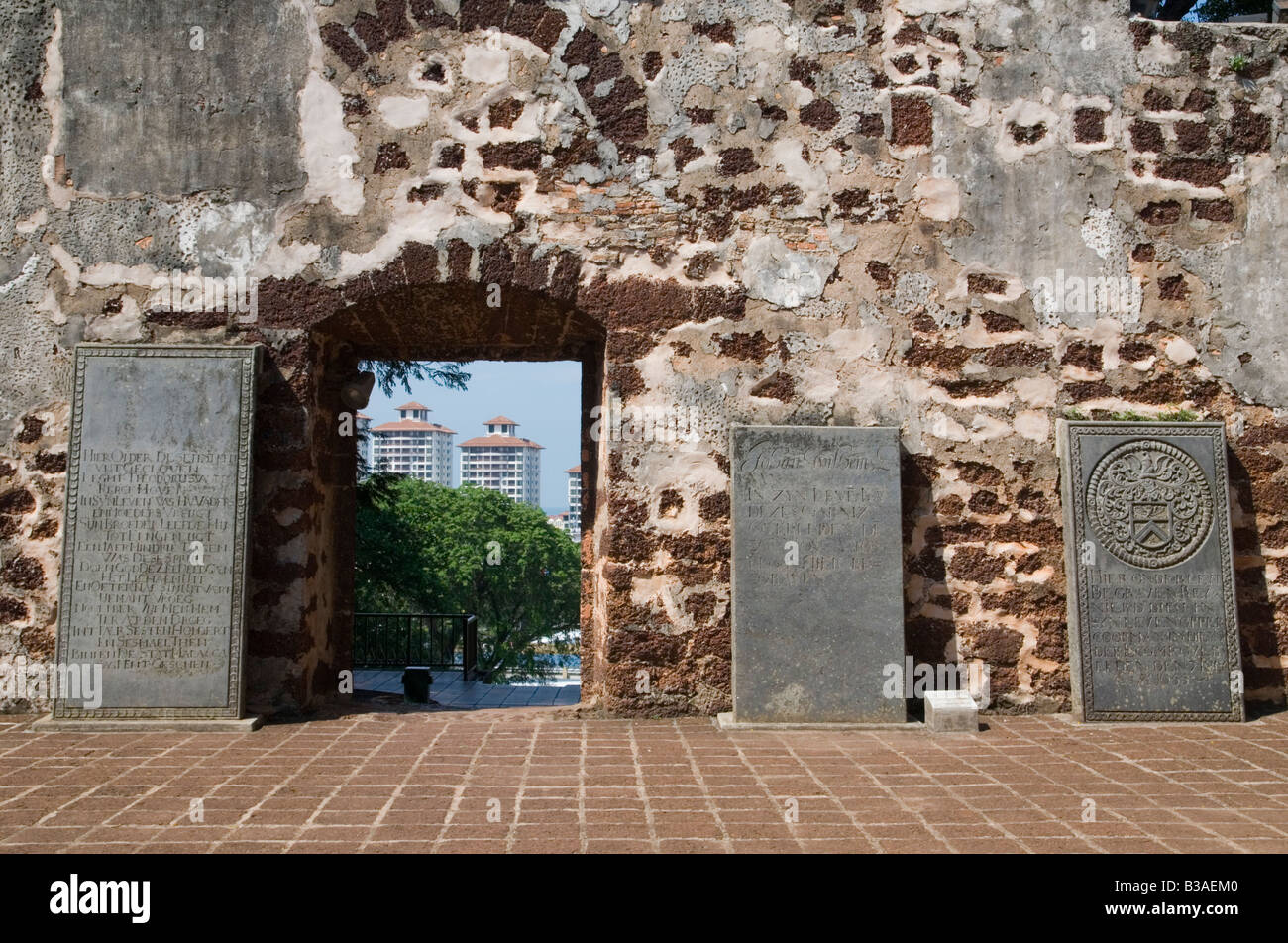 Looking at the past with a window to the future - Old Dutch tombstones in the ruins of the Portuguese built St. Pauls Church, Malacca, Malaysia Stock Photo