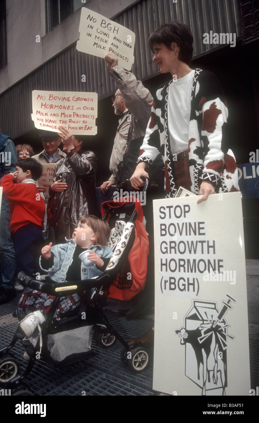 Activists protest Monsanto s use of Bovine Growth Hormone rBGH in New York on March 24 1994 Stock Photo
