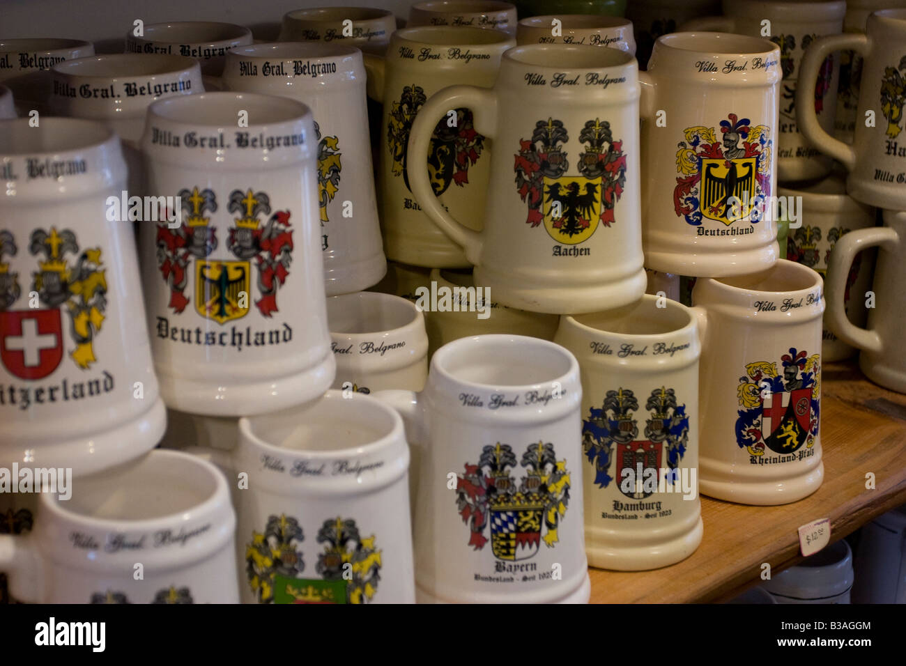 Traditional beer mugs in a souvenir store shelf in Villa General