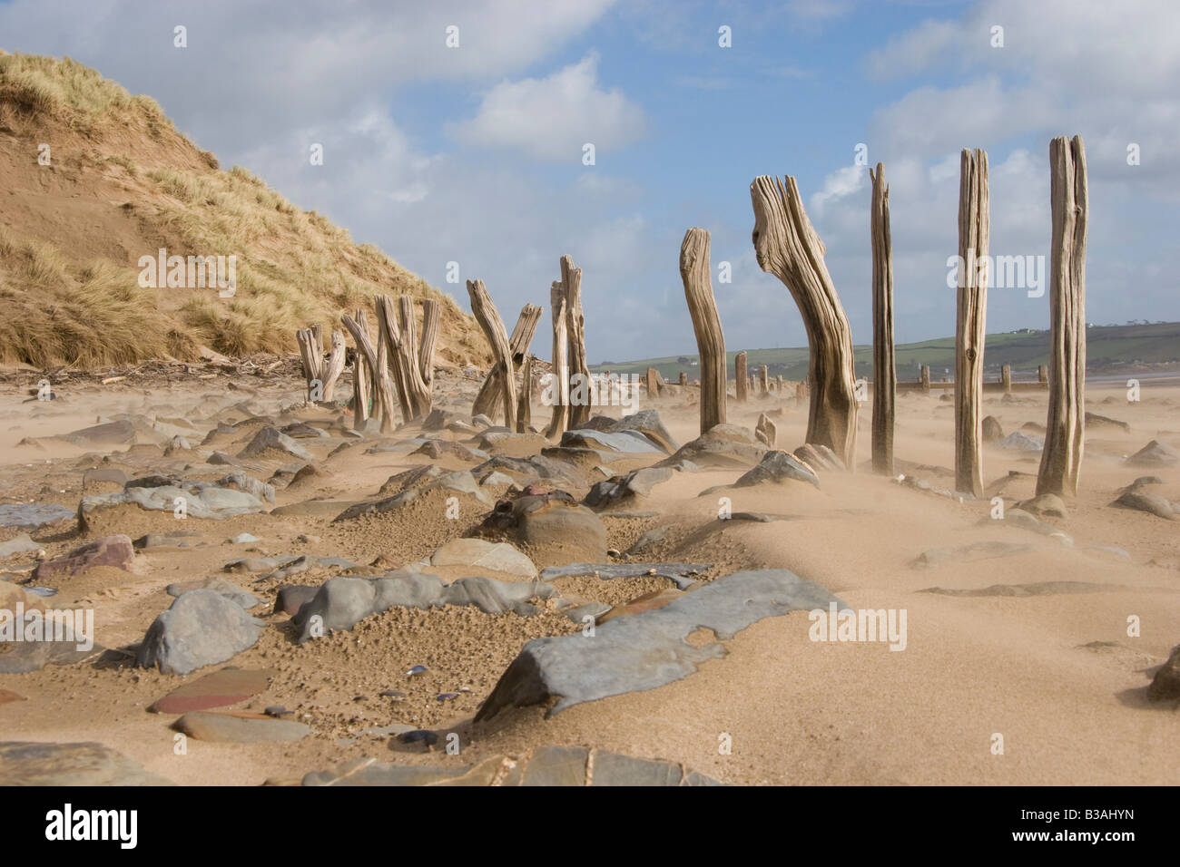 Windswept beach with Sand,  boulders and derelict fence line showing  erosion along a beach in Devon UK Stock Photo