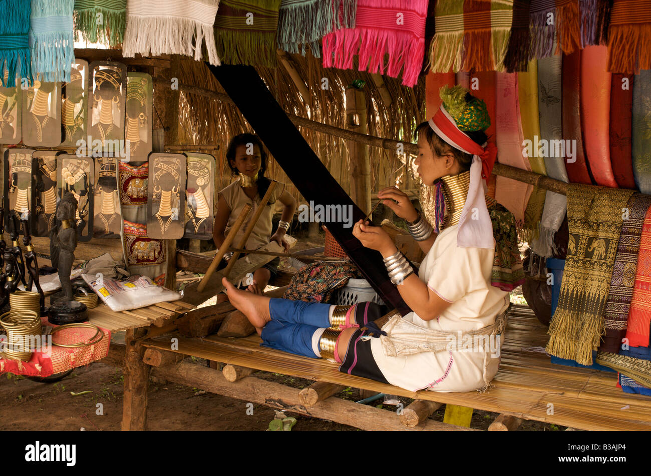 Padaung, or Long-Necked Karen, woman weaving, Chiang Dao, northern Thailand Stock Photo