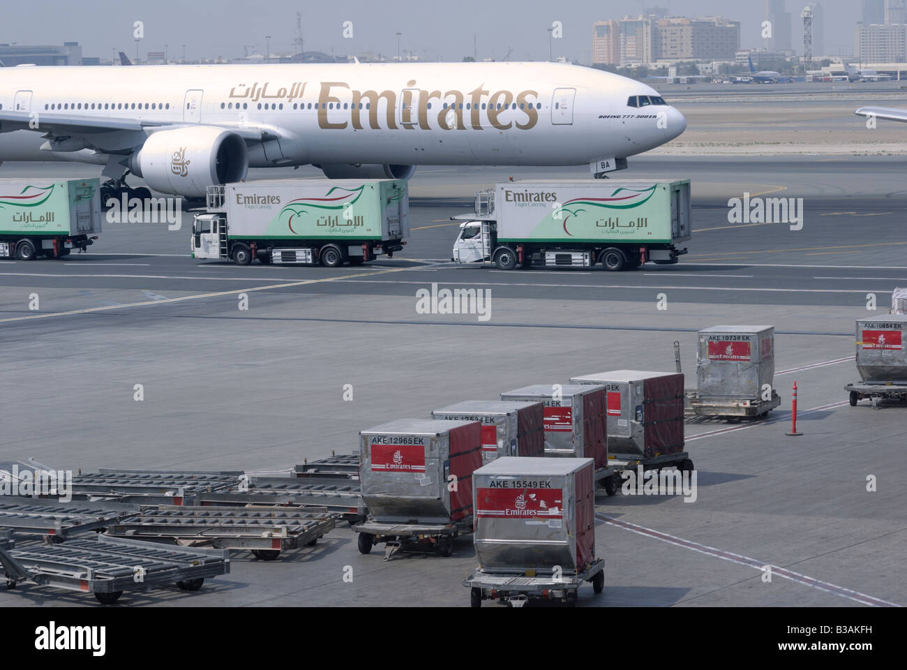 A boeing 777 jet plane of Emirates airline in Dubai international airport. Stock Photo