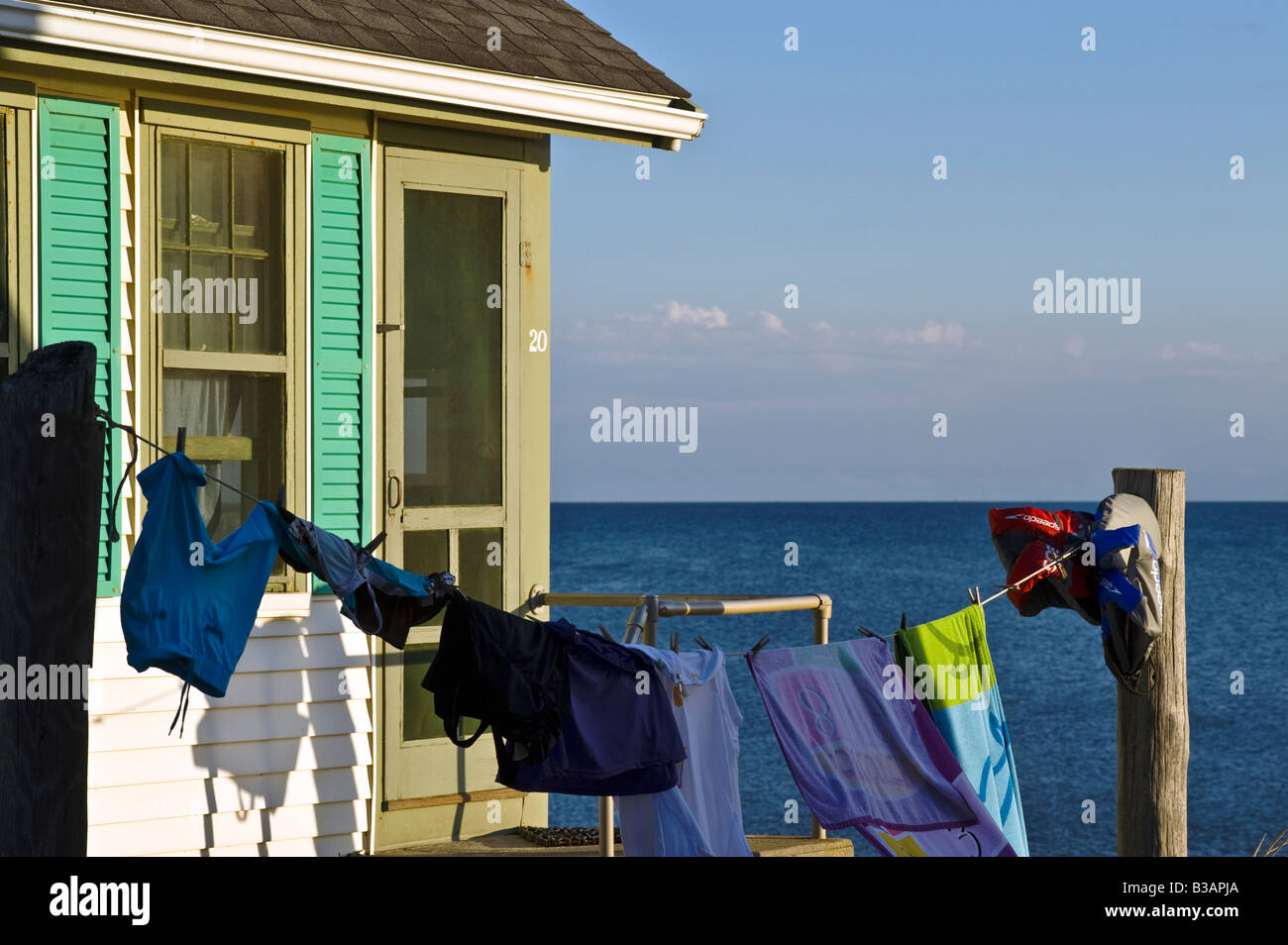 Waterfront beach cottage with clothes line, Truro, Cape Cod, MA Stock Photo