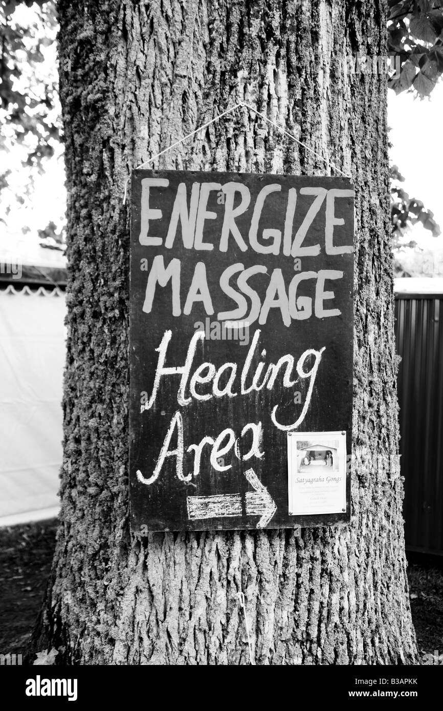 Massage sign at the Greenman festival 2008 Glanusk Park Brecon Beacons Wales U K Stock Photo