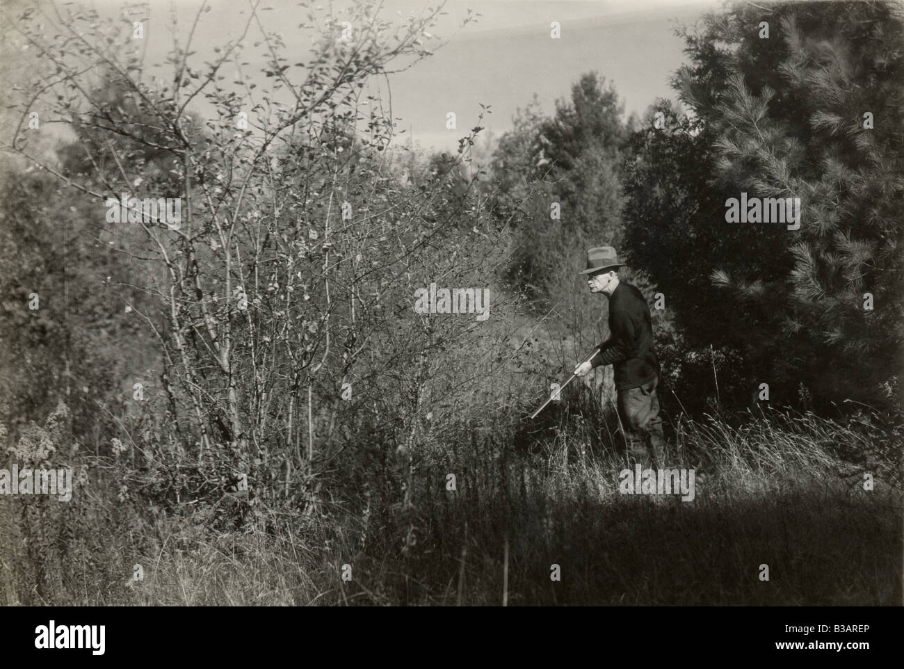 Circa 1930 photo of an elderly man hunting with a shotgun. Stock Photo