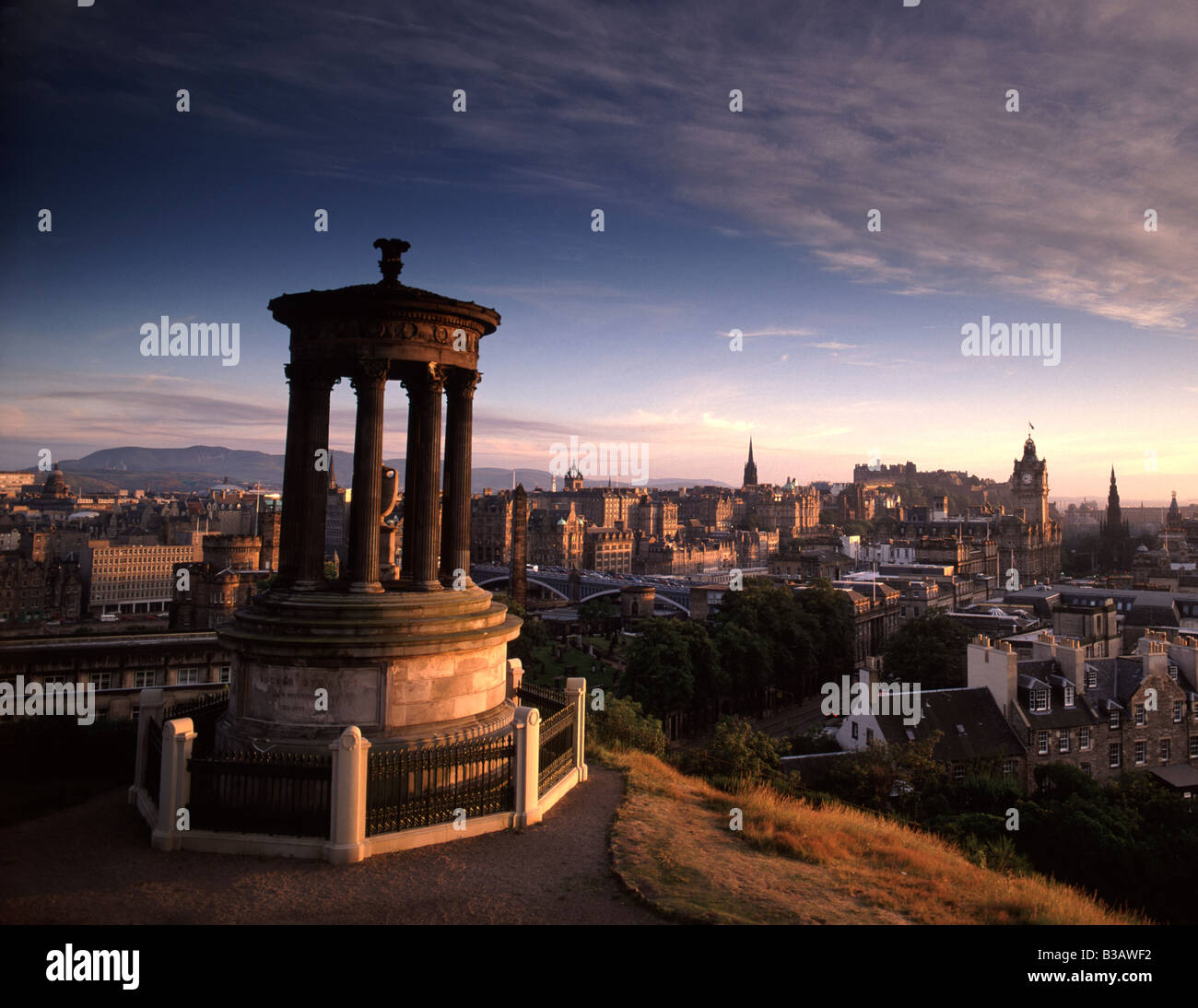 View over Edinburgh in very late evening light from Calton Hill Stock Photo