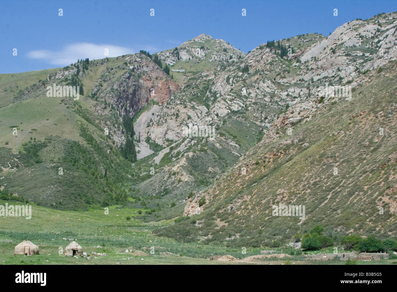 Yurts in the Mountains on the Way to Song Kul Lake in Kyrgyzstan Stock Photo