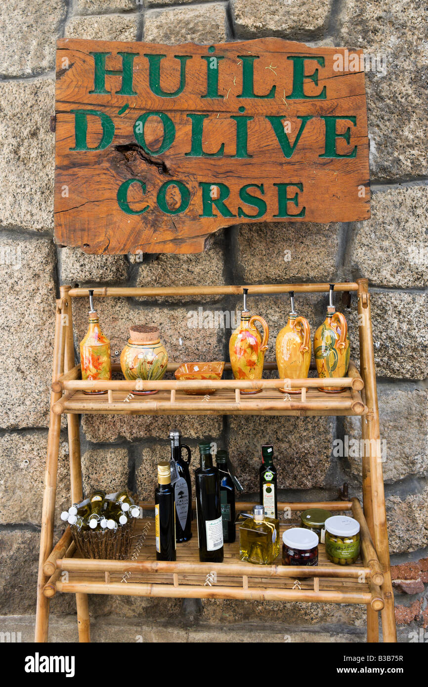 Local shop selling traditional Corsican olive oil, Vieille Ville (Old Town), Sartene, Corsica, France Stock Photo