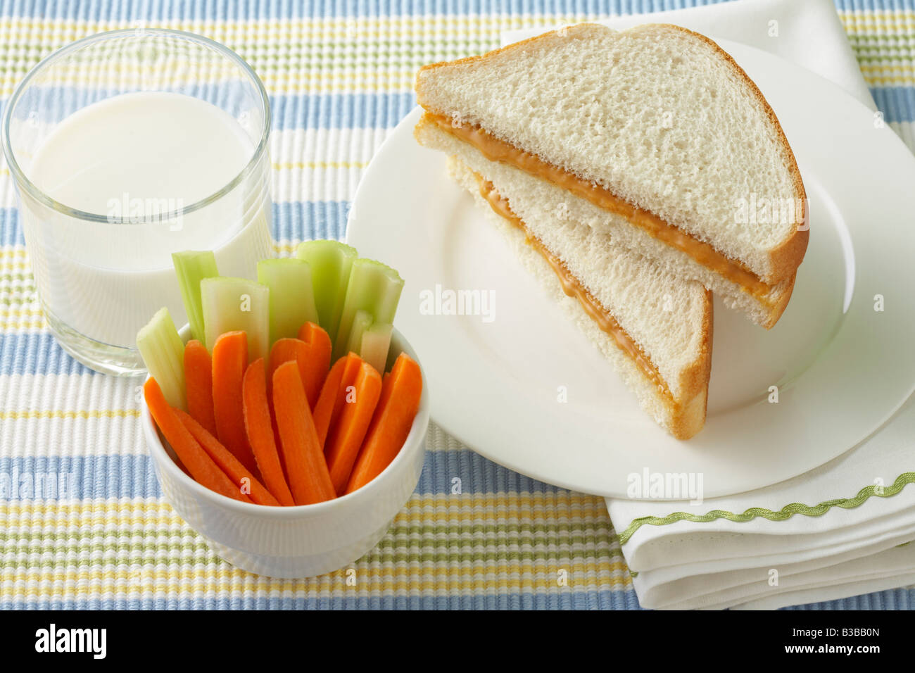 Soy Butter Sandwich, Glass of Milk, and Vegetables Stock Photo Alamy