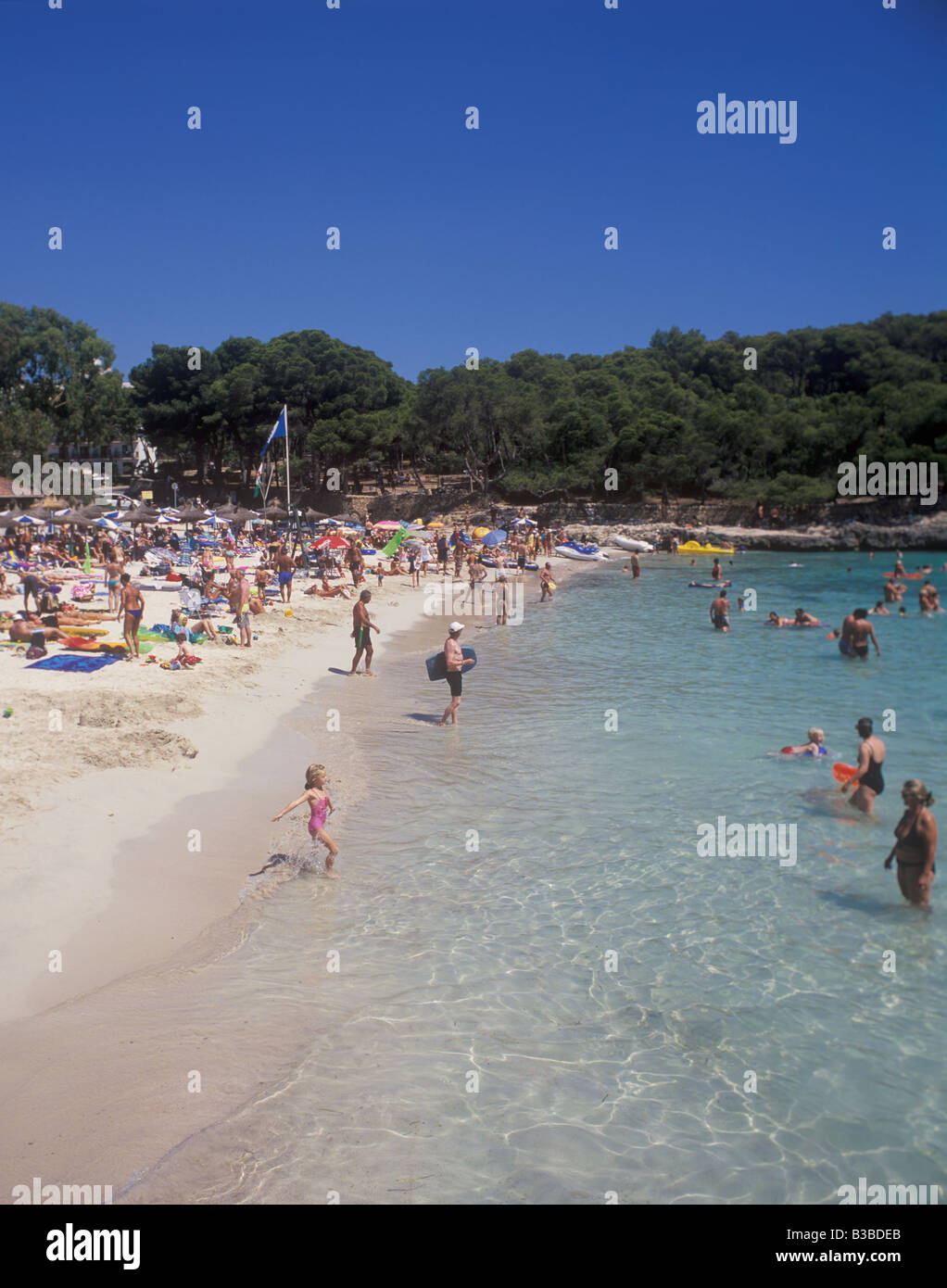 Scene in Cala Mondrago - Calo Fonts de n'Alis - Blue Flag beach - near Porto Petro / Cala D'Or, East Coast Mallorca, Baleares. Stock Photo