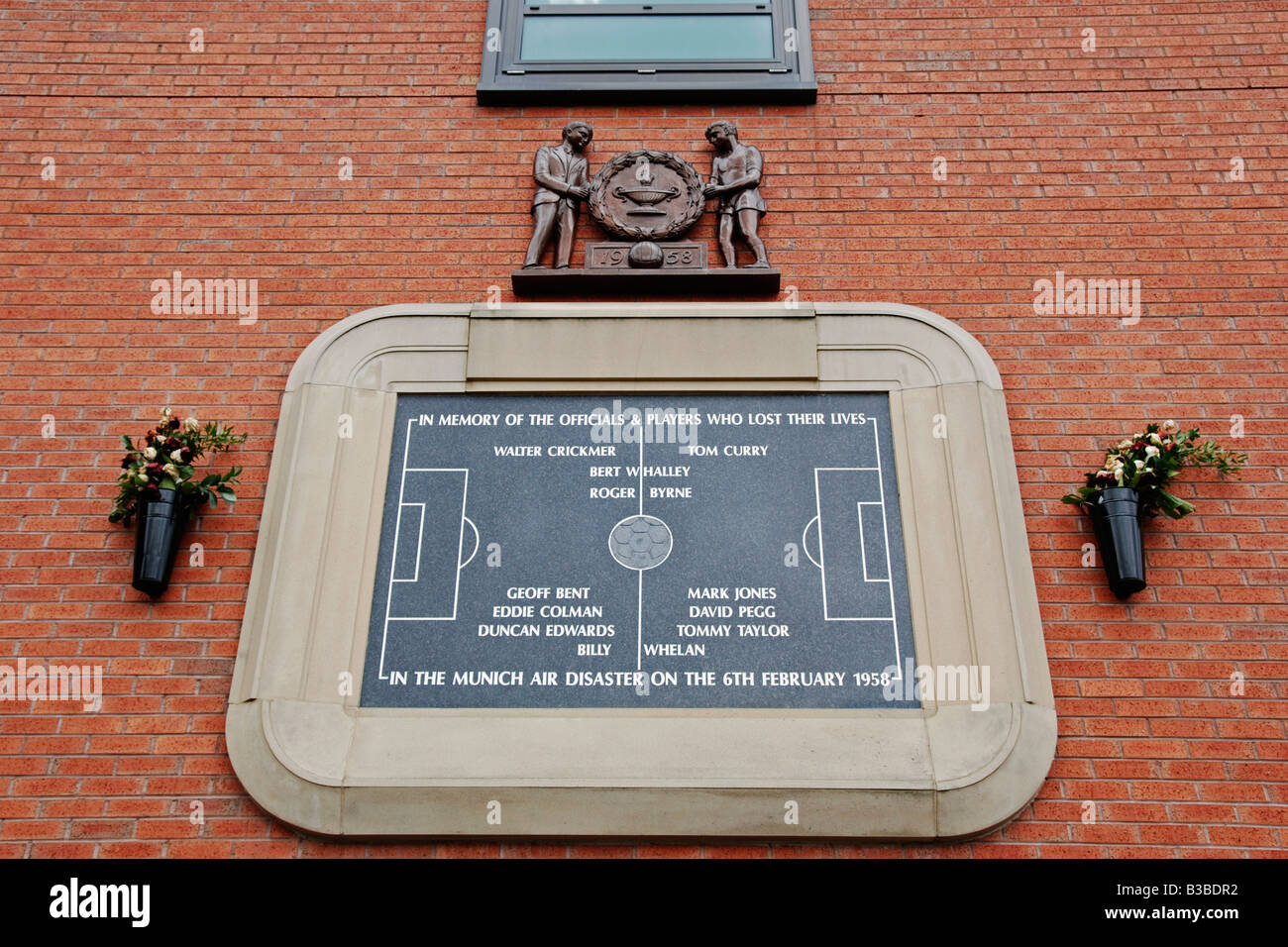 the memorial plaque at old trafford,manchester,uk, to the people that died in 1958 on the flight home from Munich. Stock Photo