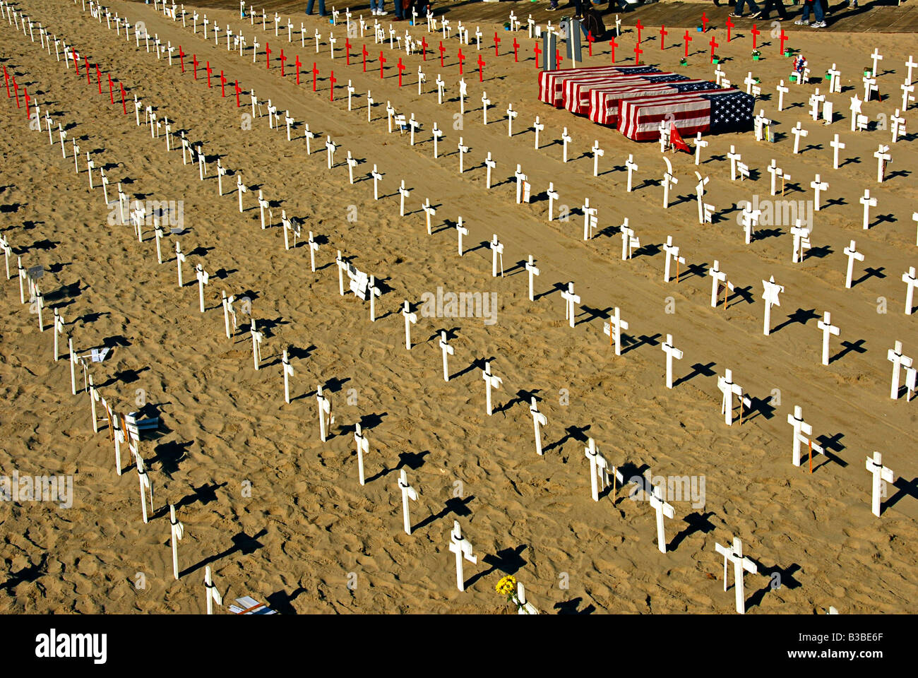 Arlington West memorial, Santa Monica Beach, California Ca Wooden Cross, Star of David,  crescents and Flag draped coffins Stock Photo